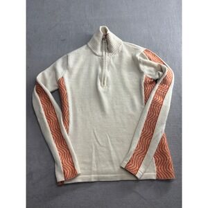 Smartwool Merino Wool Quarter Zip Ski Sweater Orange Wave Stripe Cream Size S